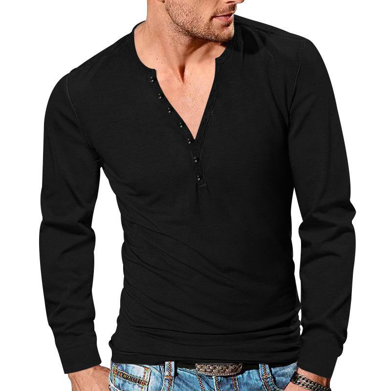 Herrer nan tætsiddende langærmet Henley shirt med kort knaplukning lavet af strækbomuld Skovae