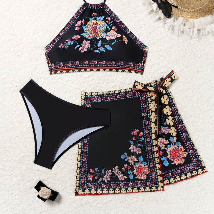 Dame Højkrave Blomsterdesign Badeoberdel med Wrap Skirt Stilla