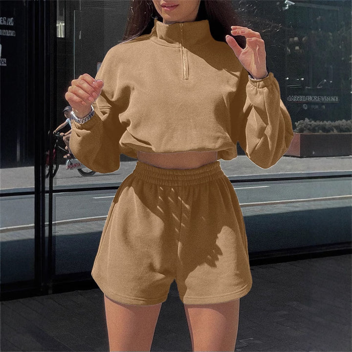 Kvinders sporty cropped top og shorts sæt med lynlås og elastisk talje