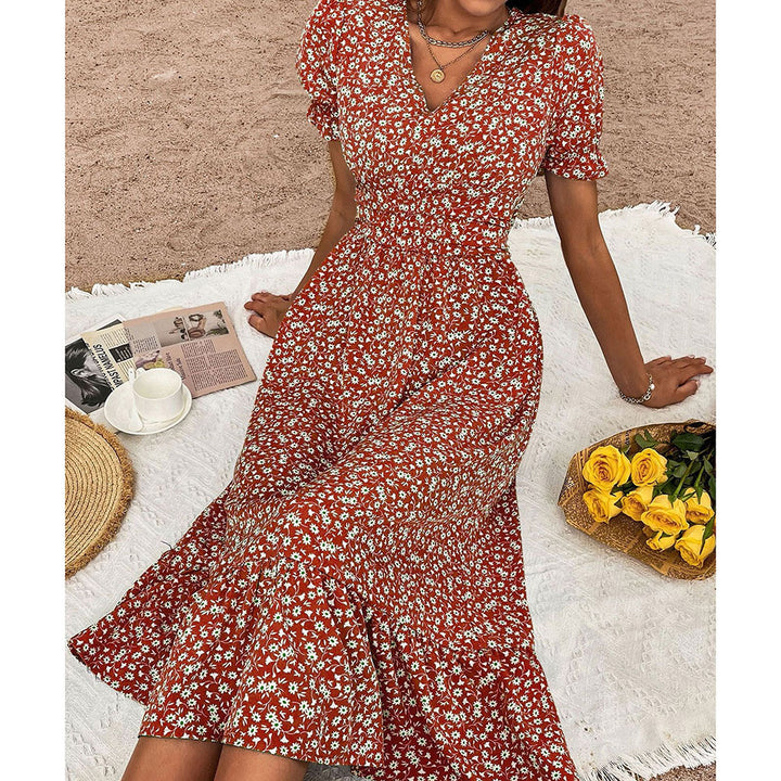 Dame Floral Print Viskestofkjole med Flæsekanter Stilla