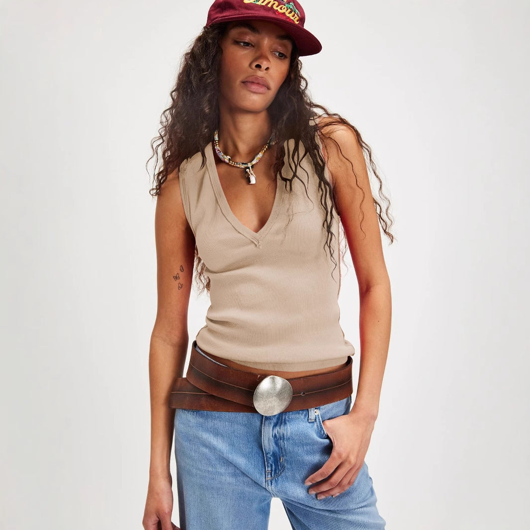Dame V-hals tanktop med fin ribstruktur Stilla