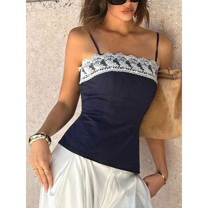 Damen Spaghetti-Träger Top mit elegantem Spitzenrand Skovae