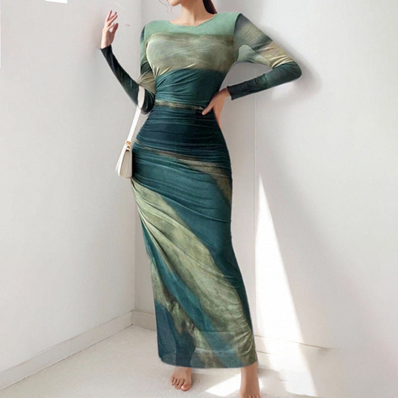 Kvinder Elegant Maxi Kjole med Raffineret Draperingseffekt og Lange Ærmer Stilla