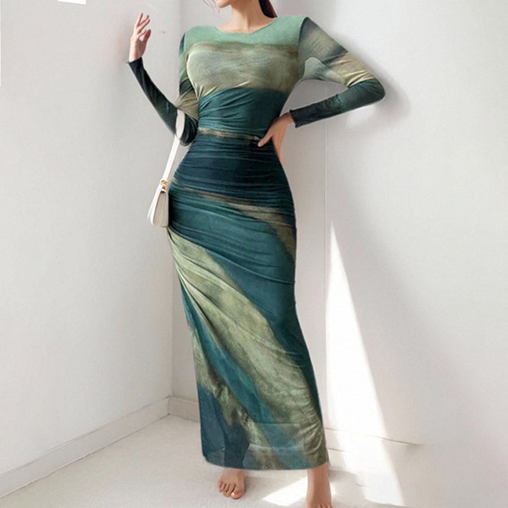 Kvinder Elegant Maxi Kjole med Raffineret Draperingseffekt og Lange Ærmer Stilla