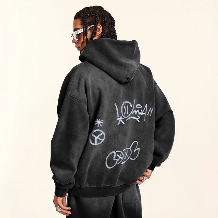 Unisex nan oversized hættetrøje med gennemgående lynlås, børstet fleecefor og håndlignende sprayprint Skovae