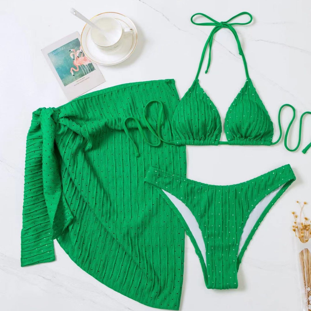 Kvinder Rynket Trekant Bikini Sæt med Sarong Indpakning Stilla