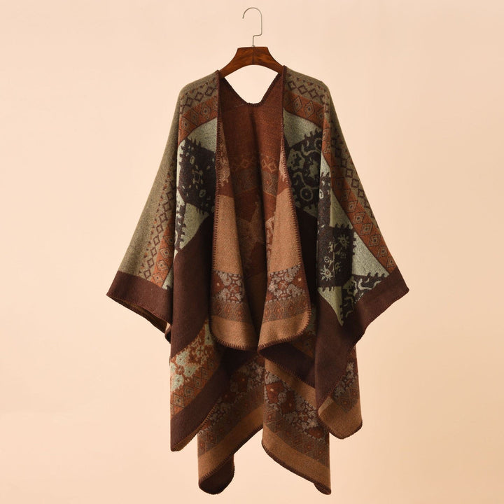 Dame Mode Poncho med Kunstnerisk Mønster og Frynset Kanter Skovae