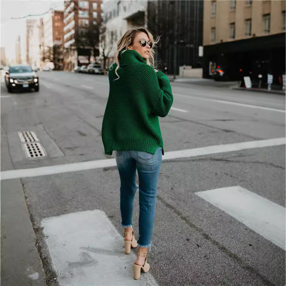 Dame Behagelig Oversized Strikpullover med Høj Krave Stilla