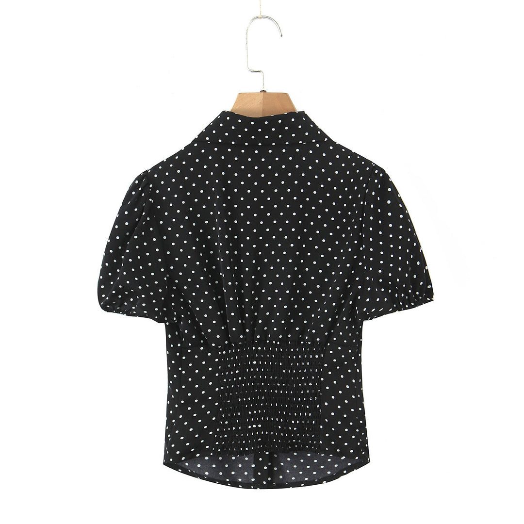 Dame Polka-Dot Bluse med puffærmer og elegant krave Stilla