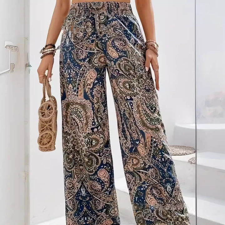Dame Bred Palazzo-Bukser i flydende materiale med moderne Paisley-mønster Stilla