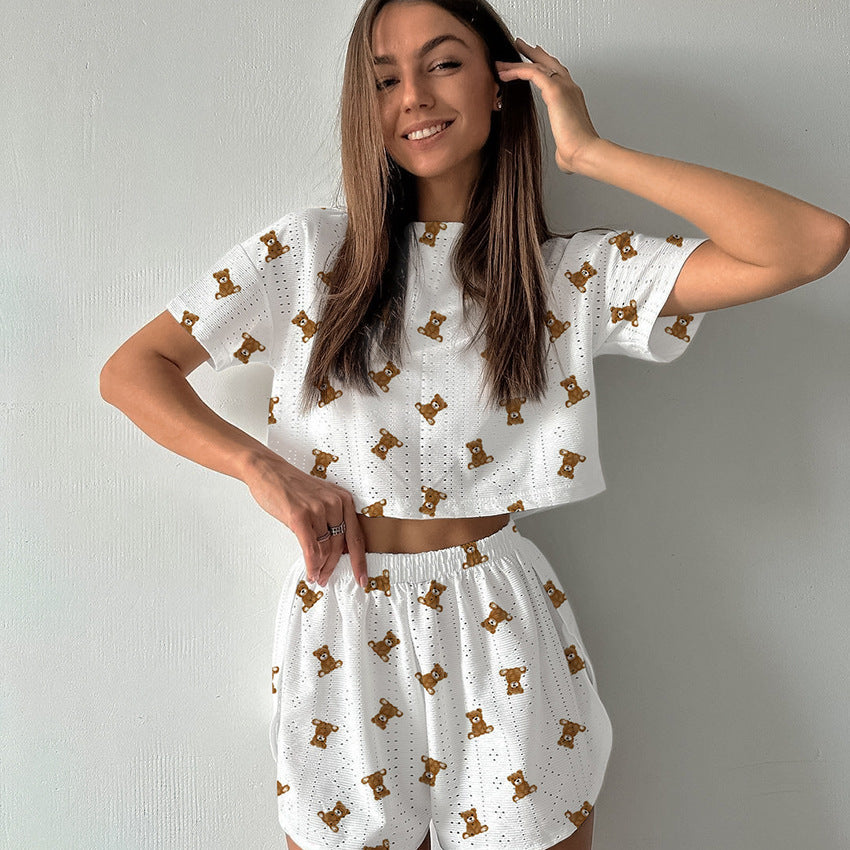 Dame Loungewear Sæt med sødt bjørne-motiv Stilla