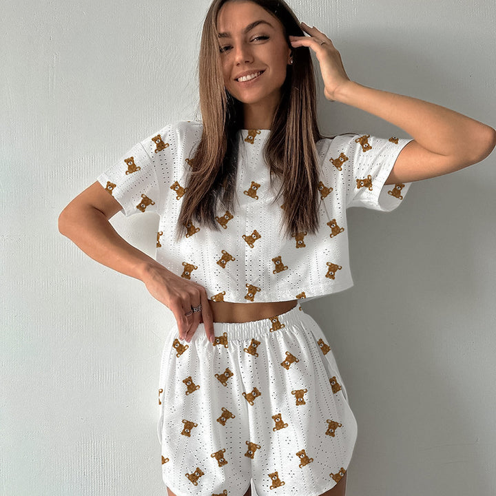 Dame Loungewear Sæt med sødt bjørne-motiv Stilla