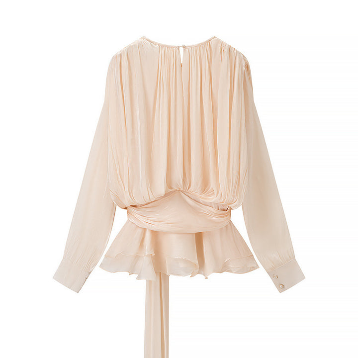 Dame Elegant Bluse med Rynker og Bundet Bælte Stilla