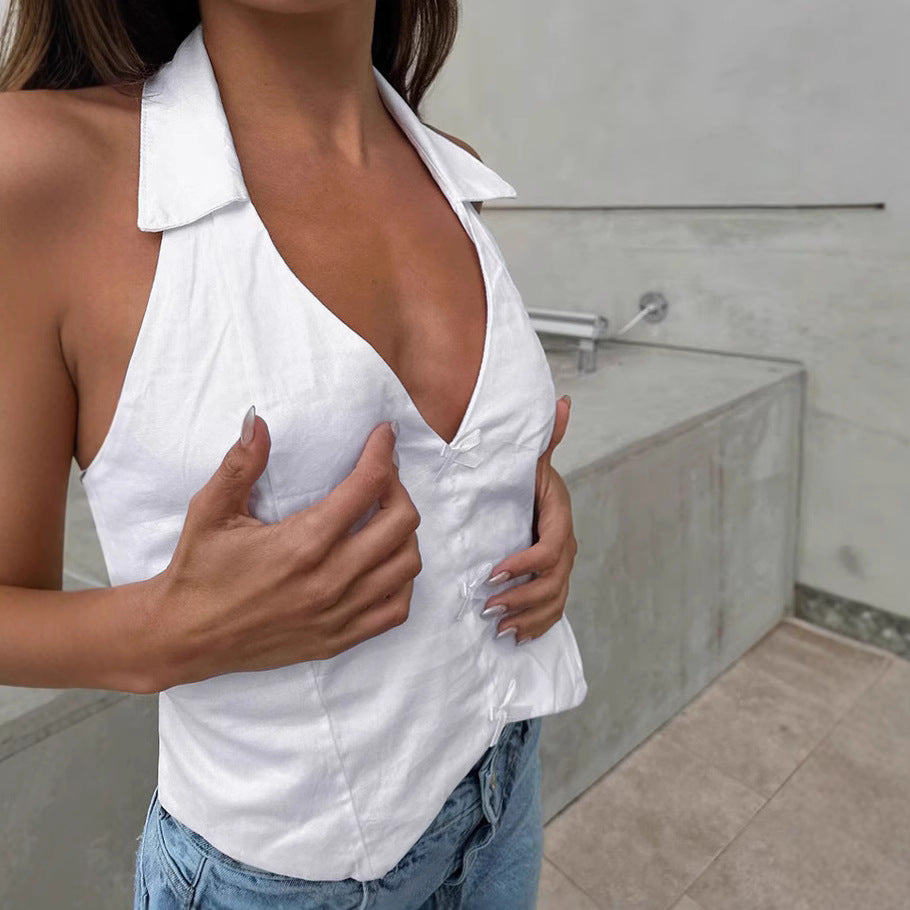 Dame Crop Top med moderne krave og knapdetalje Stilla