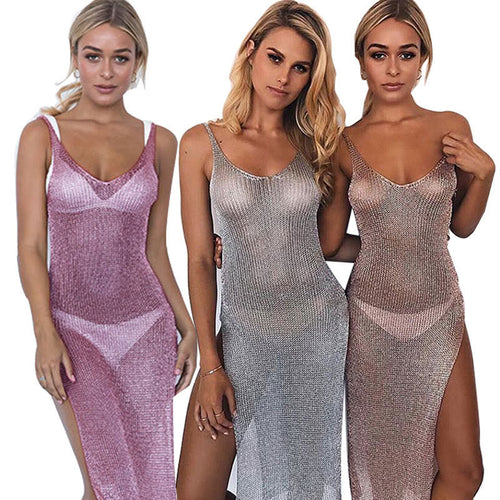 Dame elegant strikkjole med transparent design og fine stropper Skovae