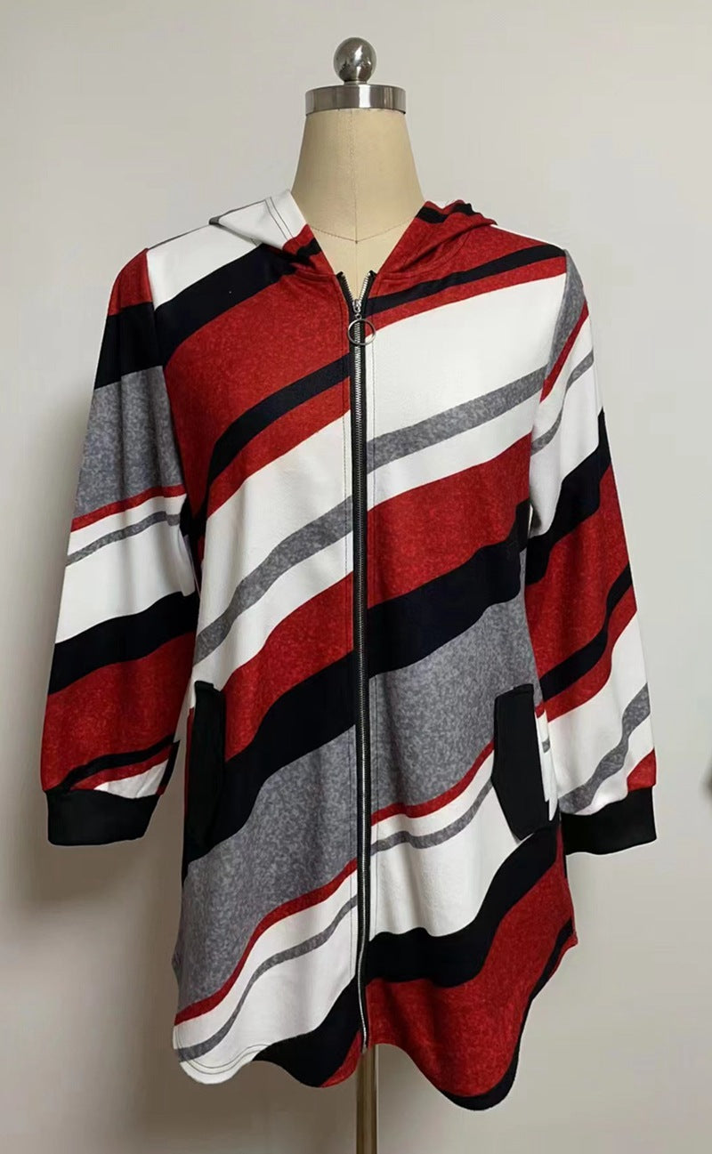 Dame nan Longline-hoodie med diagonal stribemønster, ringlynlås og sidelommer Skovae