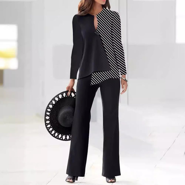Dame Elegante og moderne to-delt sæt med asymmetrisk bluse og bredt skåret bukser Stilla