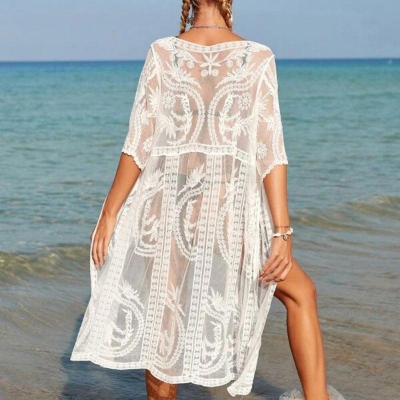 Dame Transparent Strandtunika med kunstnerisk broderi og svajende snit Stilla