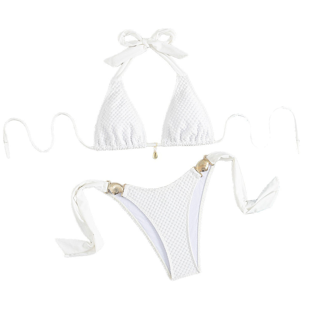 Dame triangel-bikini med elegante sløjfer og muslingeforzieringer Skovae