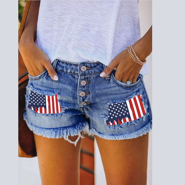 Dame jeans shorts med vintage frynser og patriotiske applikationer Skovae