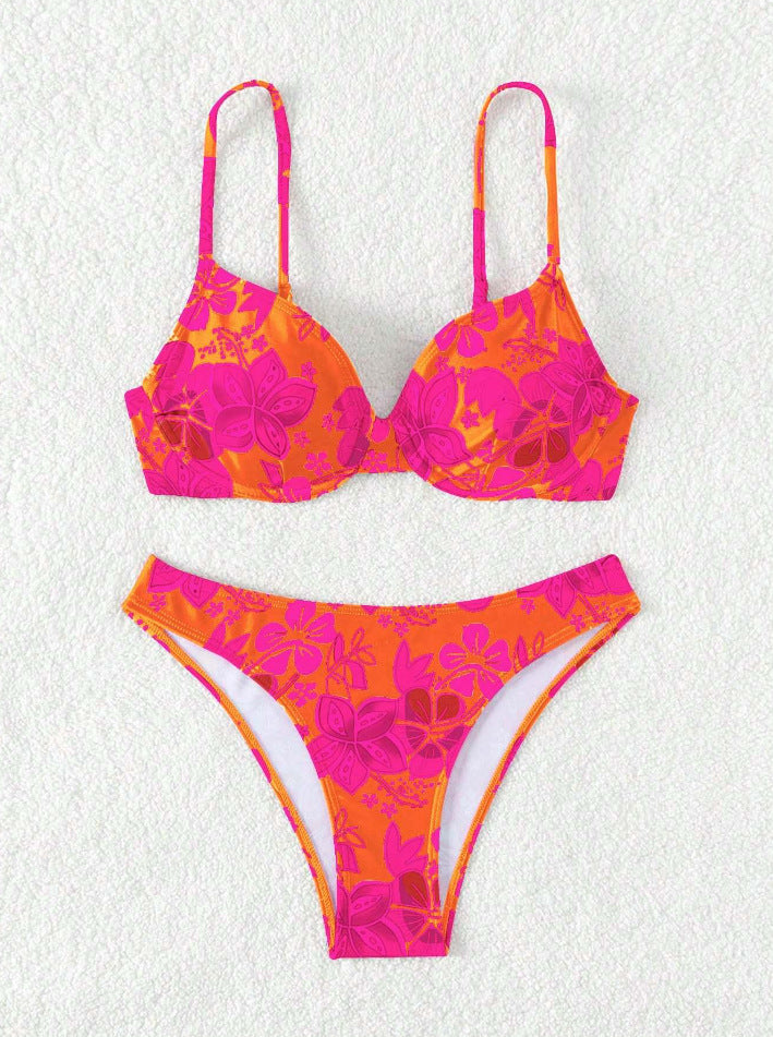 Dame polstret trekant-bikini med blomstermotiv og justerbare stropper Skovae