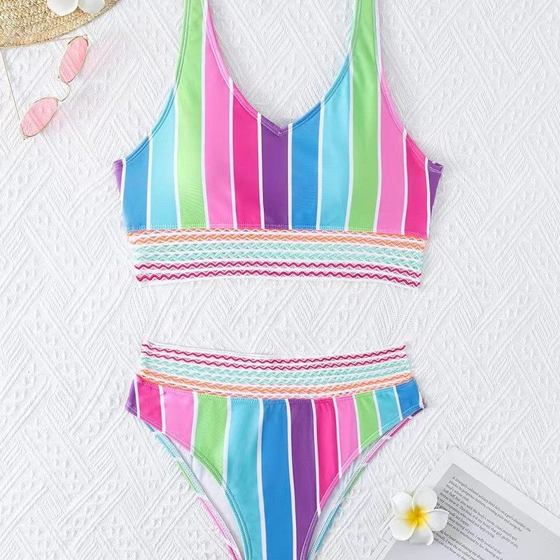 Dame bikini-sæt med bred farveblokdesign og høj talje Skovae