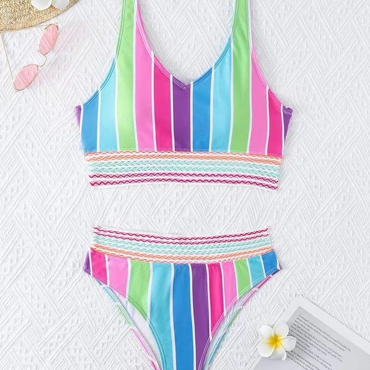 Dame bikini-sæt med bred farveblokdesign og høj talje Skovae