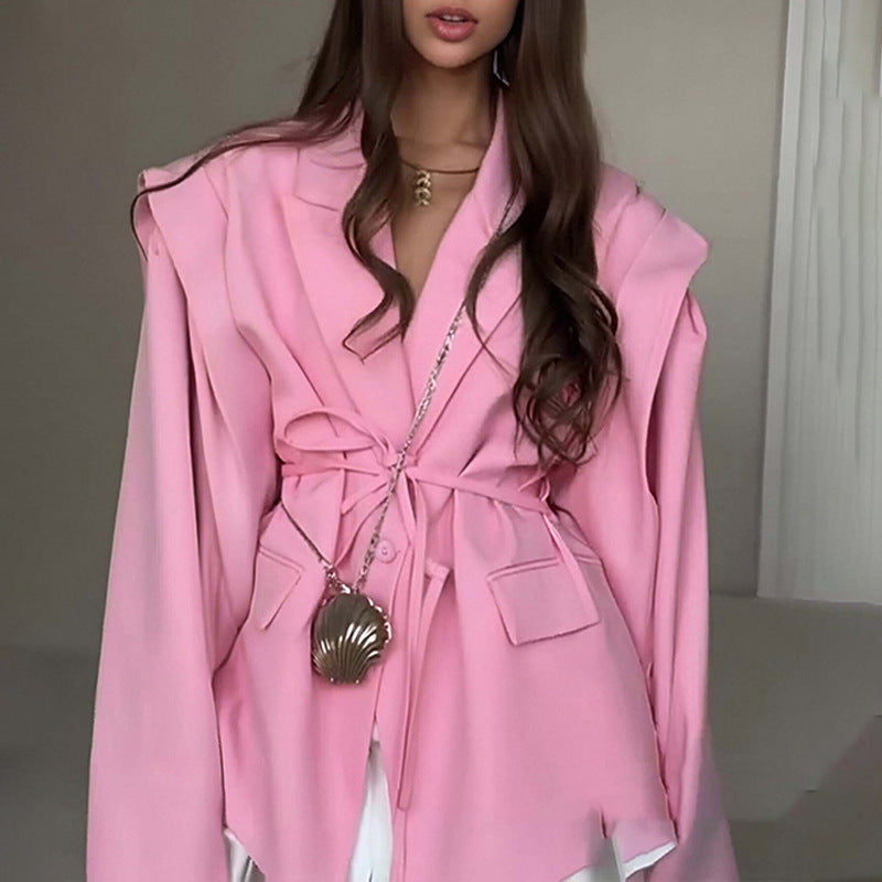 Kvinders oversized blazer med talje bælte og elegante puffærmer Stilla