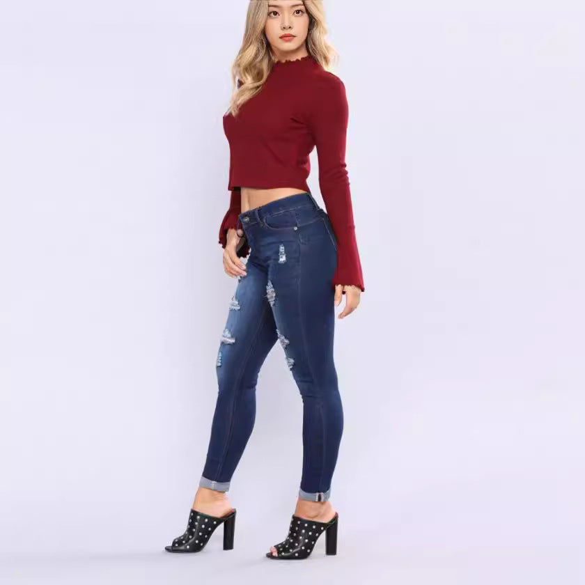 Dame Slim-Fit Jeans med trendy Ødelagt-detaljer Skovae