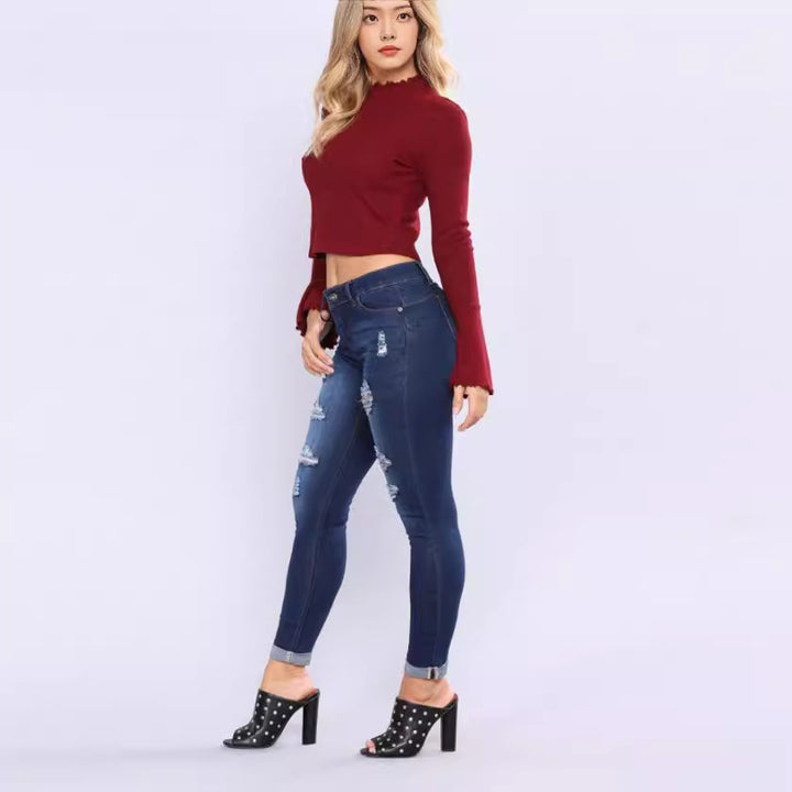 Dame Slim-Fit Jeans med trendy Ødelagt-detaljer Skovae