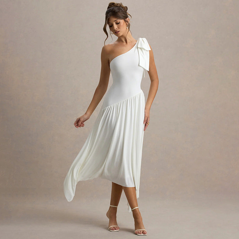 Dame asymmetrisk One-Shoulder Maxikjole med sløjfedetail Stilla