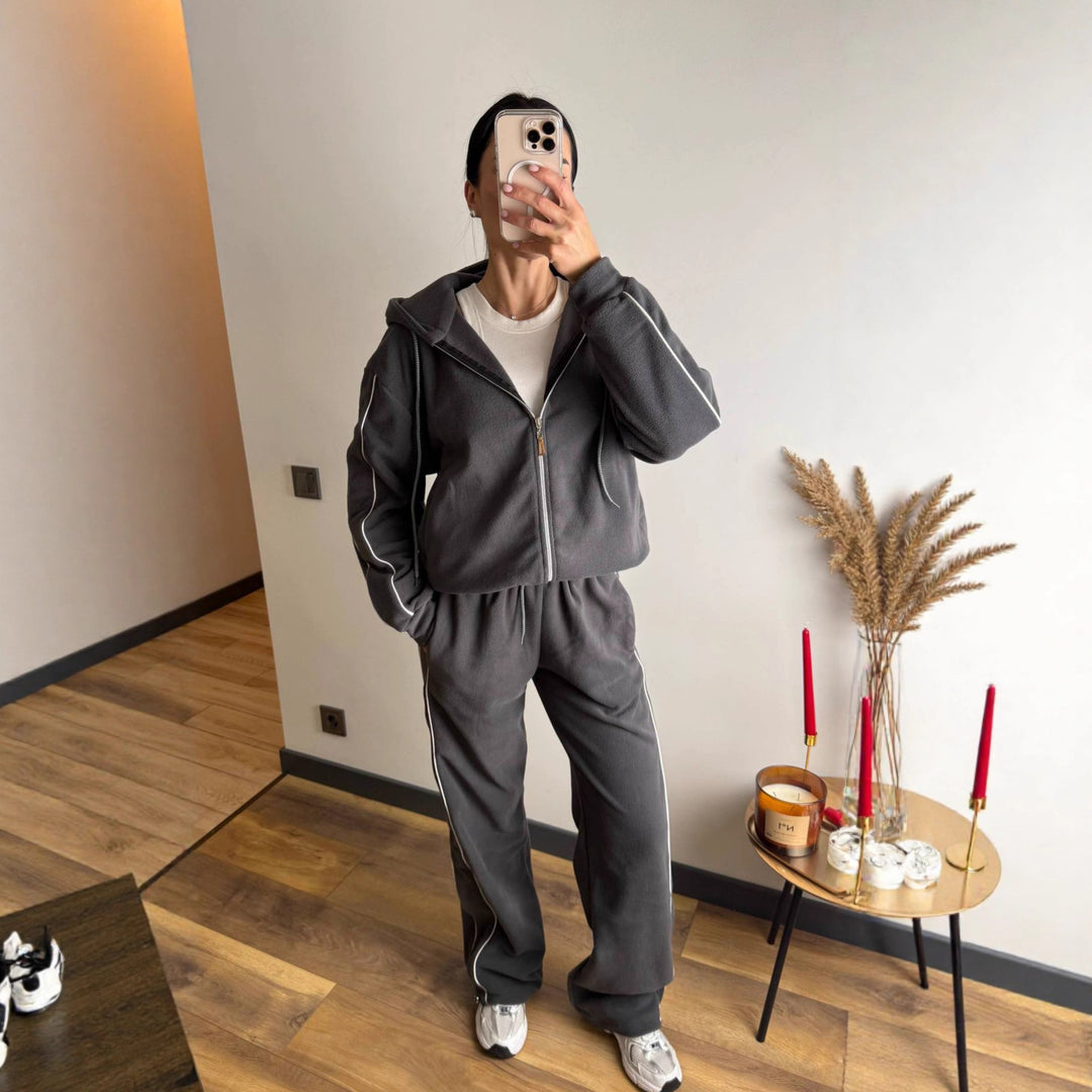 Kvindernes sporty fleece træningsdragt sæt med lynlås og sidelister Skovae