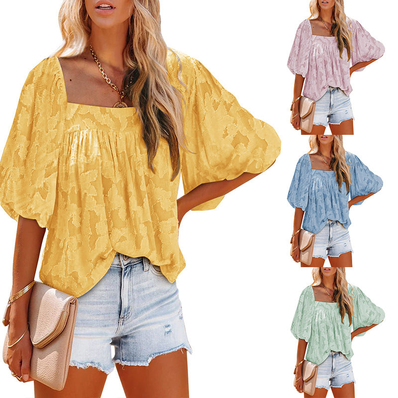 Dame Oversized Bluse T-shirt med ballonærmer og diskret mønster Stilla