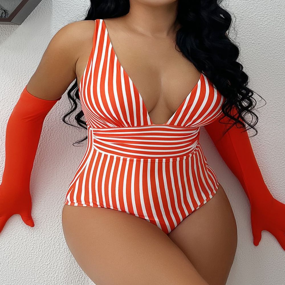 Dame Elegant V-hals onepiece med stribet design Skovae