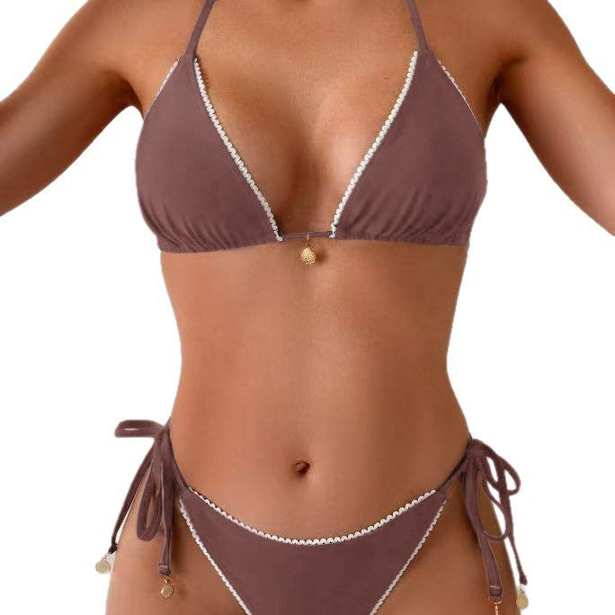 Dame Triangle-Bikini-Sæt med elegant kontrastbånd Skovae