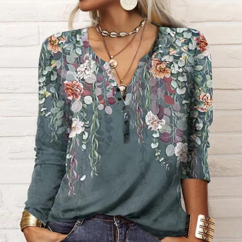 Dame Langærmet T-shirt med blomsterdesign og elegant V-udskæring Stilla
