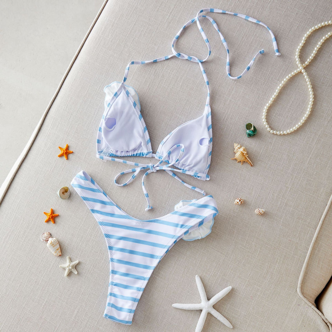 Dame bikini-sæt med floral accent og legende stribemønster Stilla