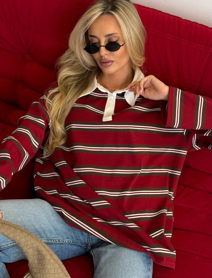 Kvinder stribet bluse sweater med klassisk krave Stilla