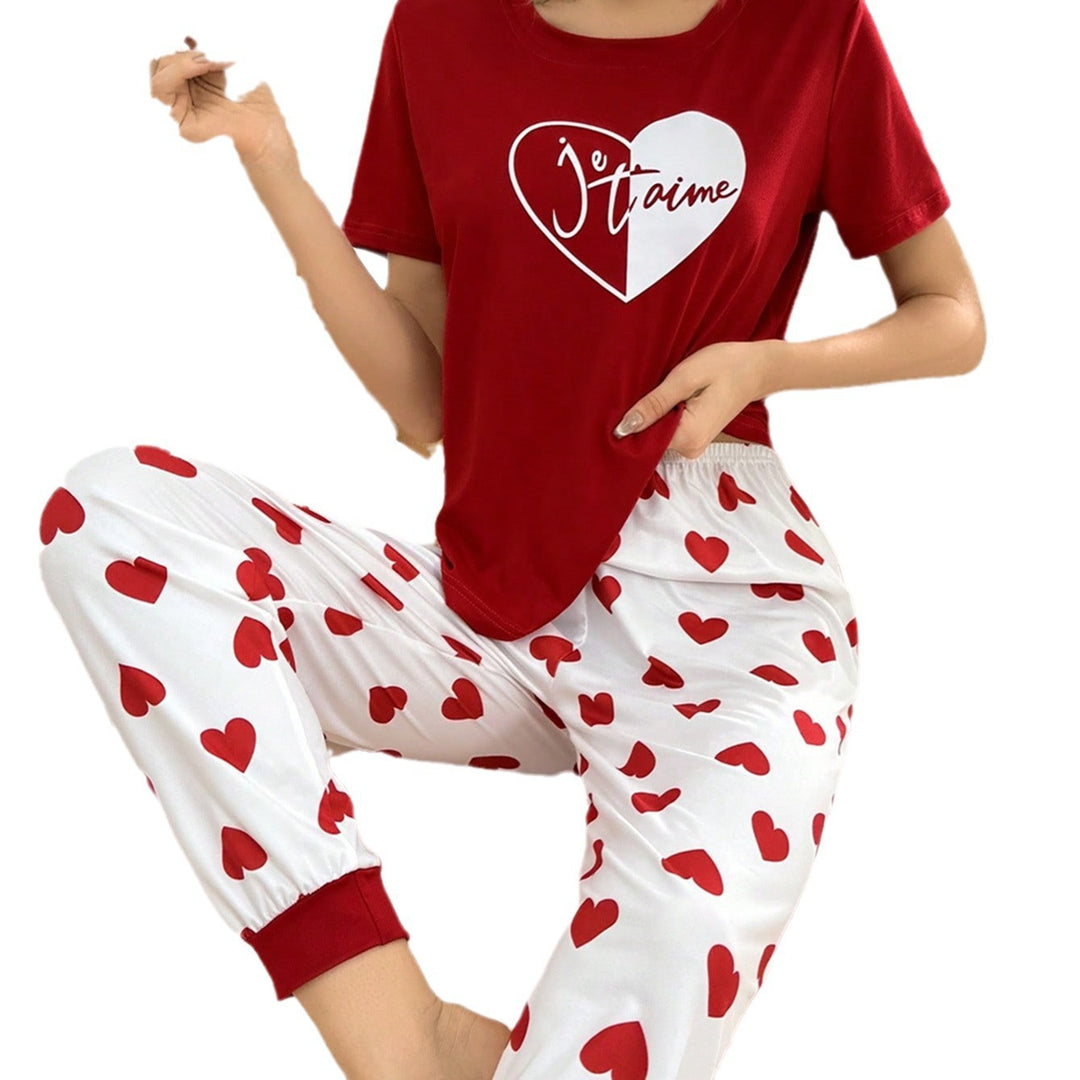 Dame pyjamasæt med hjerte motiv og komfortabel elastisk talje Stilla