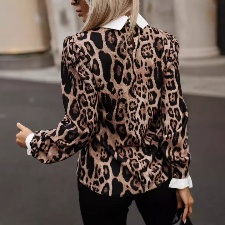 Dame Elegant Bluse med animalisk mønster og raffineret krave Stilla