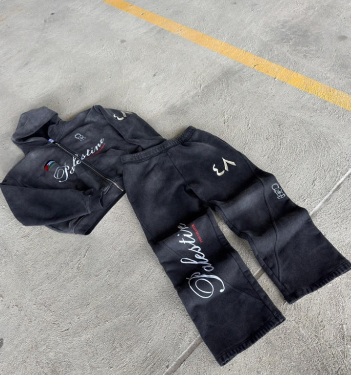 Unisex nan Oversize Hættetrøje-Sæt i Vintage-look med lynlås, sigende broderi og brede Sweatpants Skovae