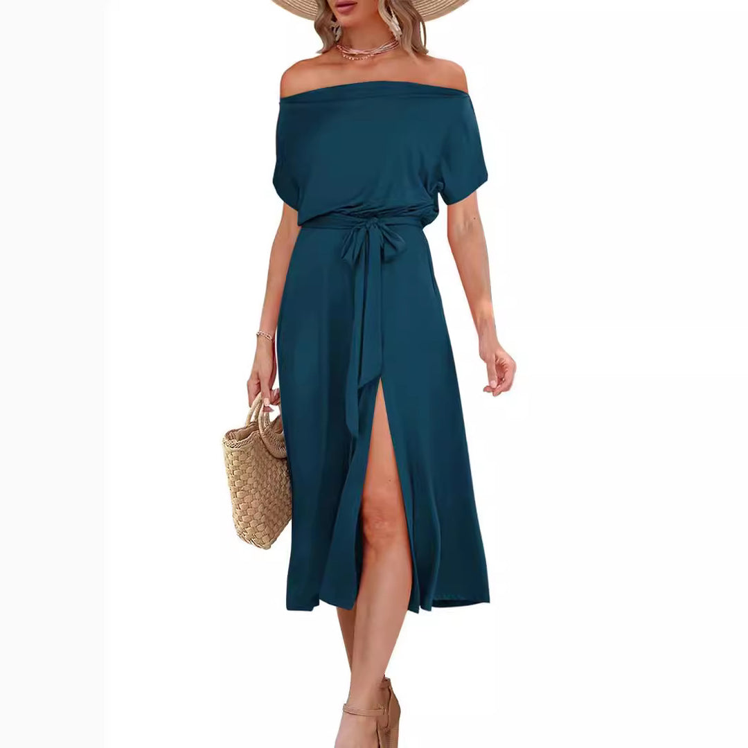 Dame elegant Midi-kjole med split og off-shoulder design Stilla