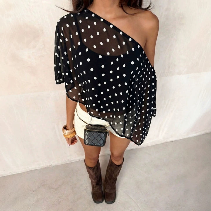 Dame nan ensidig off-shoulder chiffon-top med prik-mesh, mavefri skæring og asymmetrisk kant Skovae