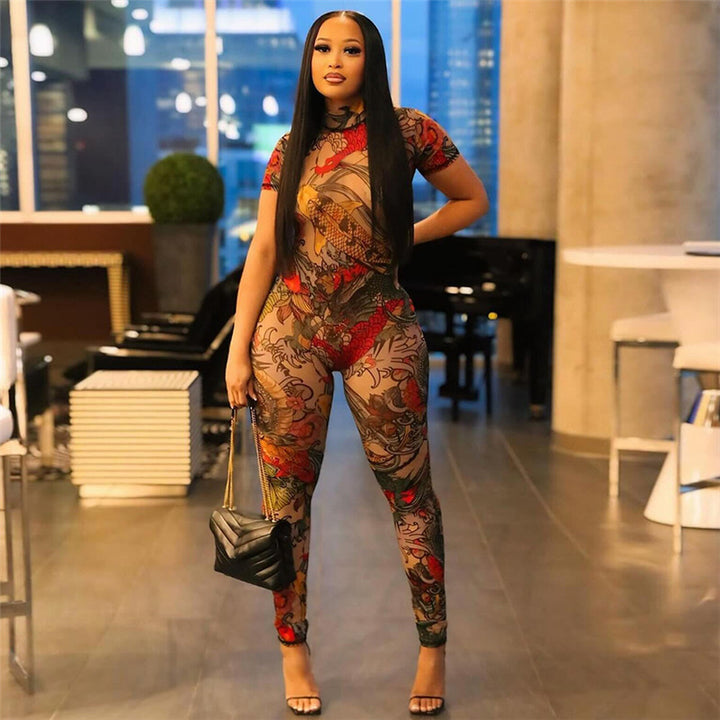 Dame Mode jumpsuit lavet af gennemsigtigt materiale med elegant mønster Stilla