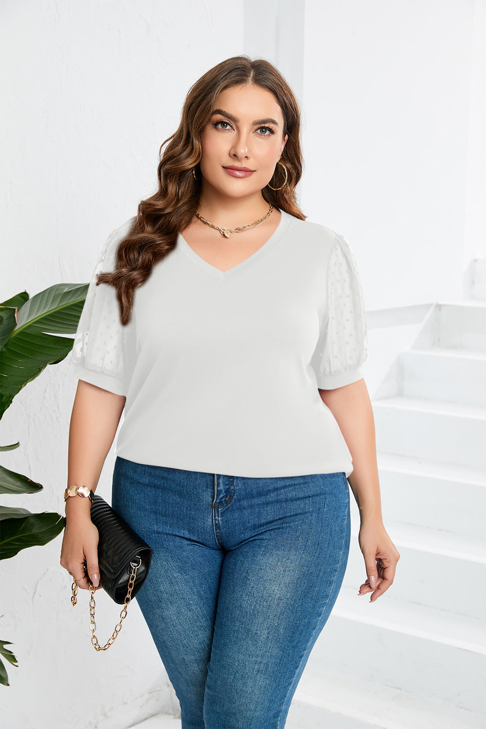 Damer elegant bluse skjorte med gennemsigtige puffærmer og V-hals Skovae