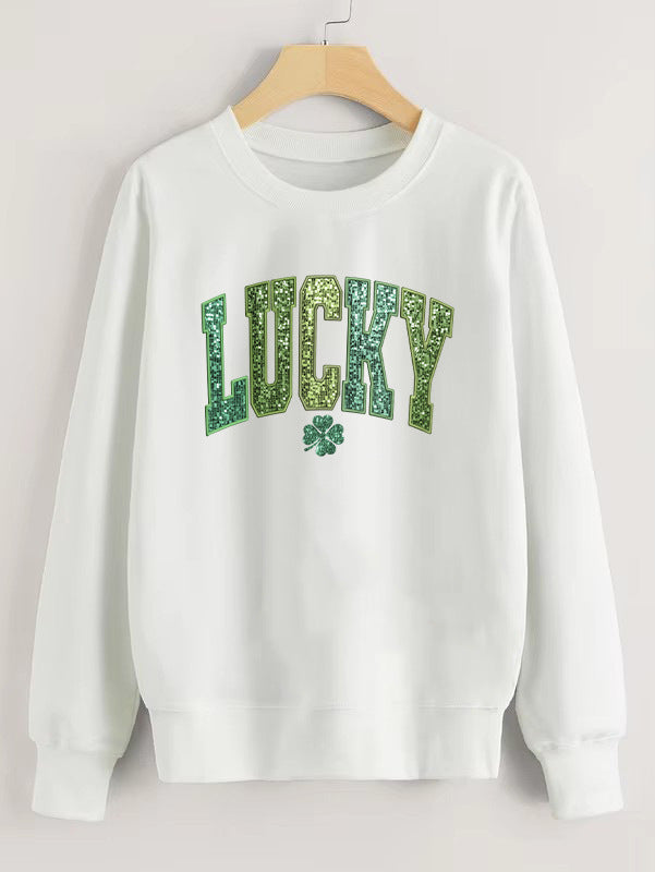 Dame casual sweatshirt med glitrende skrift og kløver motiv Stilla