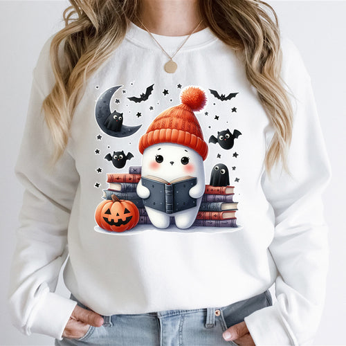 Kvinders sweatshirt med sødt Halloween-motiv og bogdesign Stilla