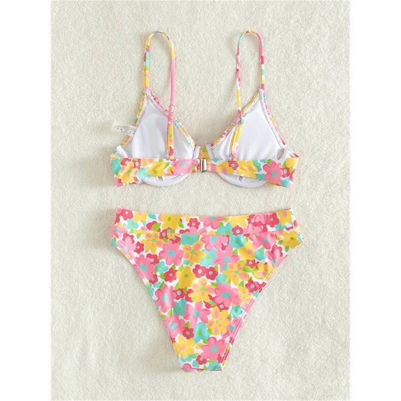 Dame Højskåret Bikini med blomstermønster og smalle stropper Skovae