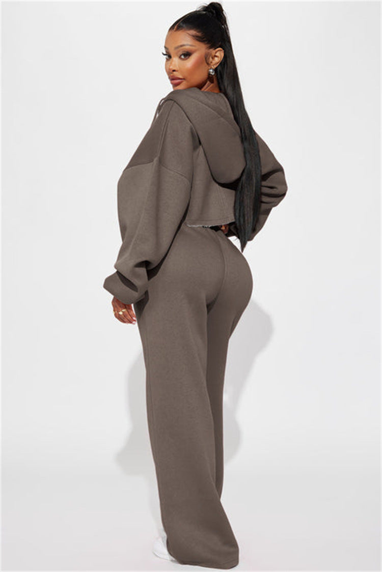 Kvinder casual cropped hoodie og brede joggebukser sæt Skovae