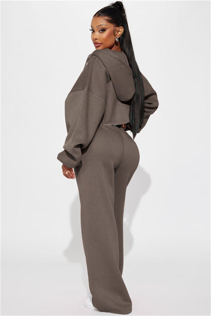 Kvinder casual cropped hoodie og brede joggebukser sæt Skovae